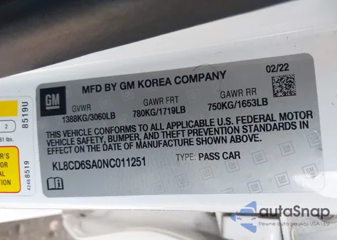 2022 Chevrolet Spark Fwd 1Lt Automatic из США, поврежденный, VIN KL8CD6SA0NC011251